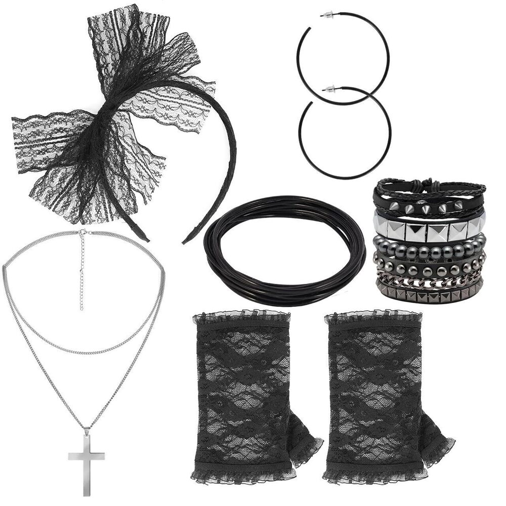 4152 Punk Leather Bracelets 80s Fancy Lace Madonna Costume Outfits